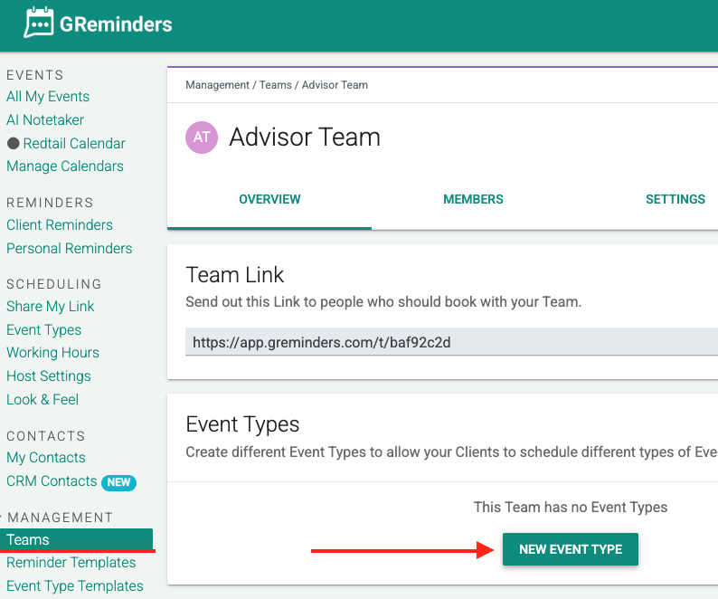 creating team event types